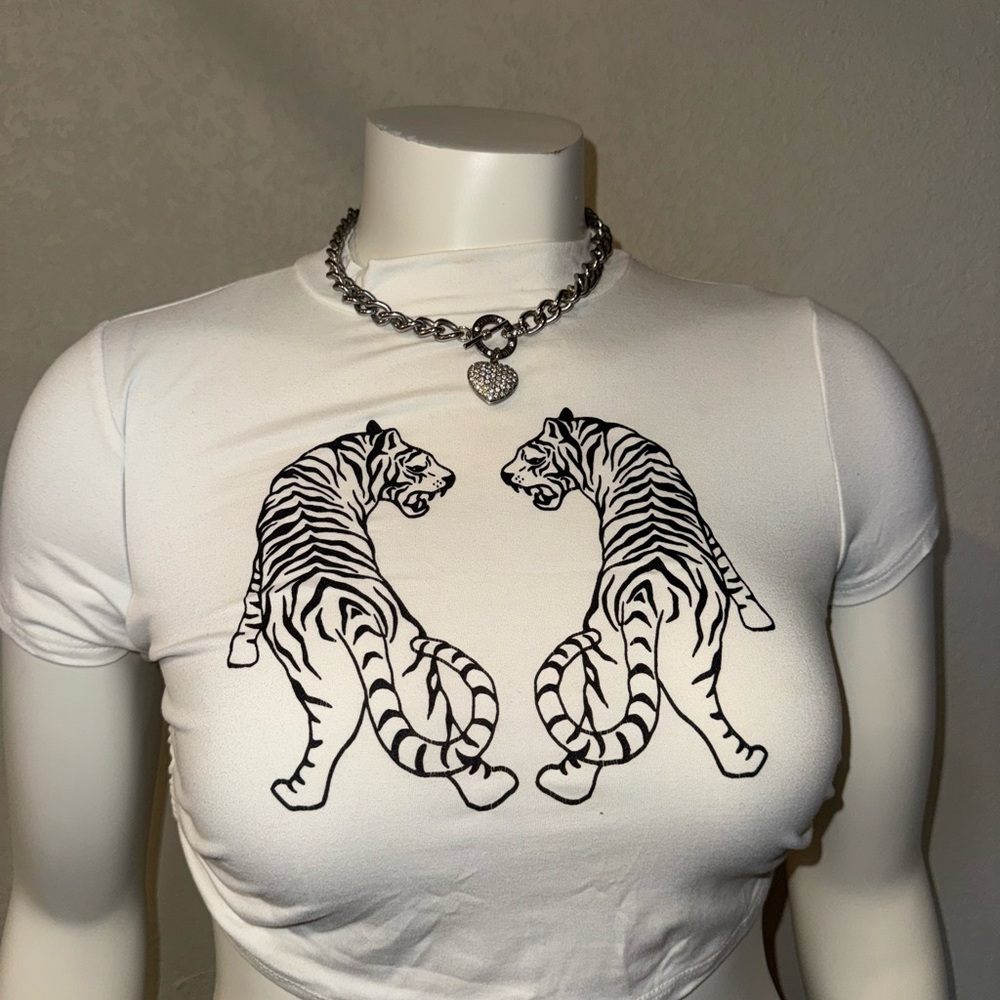 White Crop Top with Tiger Print